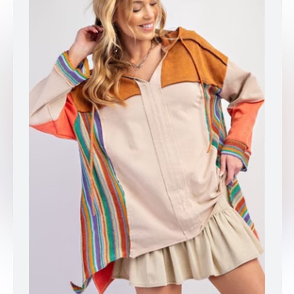 easel Multicolor Striped Hooded Sweatshirt with Tan and Orange Panels